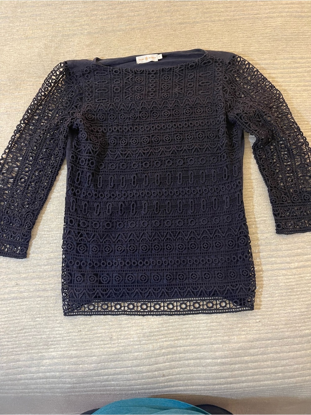 Tory Burch  Harlow Navy Lace Crochet Long Sleeve Top small